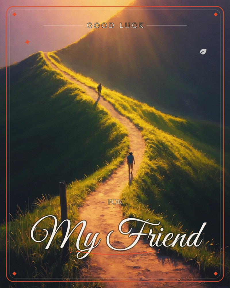 A winding dirt path climbs a grassy hillside as golden sunbeams break through the sky above, casting long warm light across the ridge, a good luck e-card design