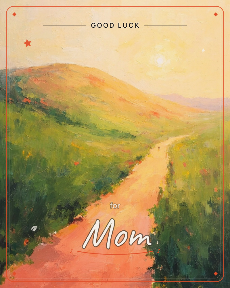 A dirt path glows warm pink and gold as it winds between rolling green hills toward a hazy sun, a good luck e-card design