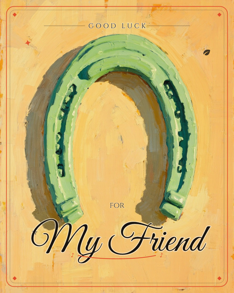 A single mint-green horseshoe sits upright against a warm golden-orange background, painted in loose, confident brushstrokes, a good luck e-card design
