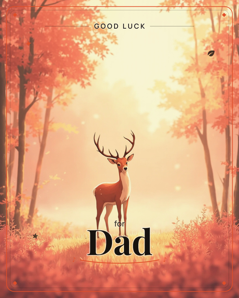 An antlered deer stands alert on a sunlit path through an autumn forest, framed by trees glowing in shades of orange and gold, a good luck e-card design