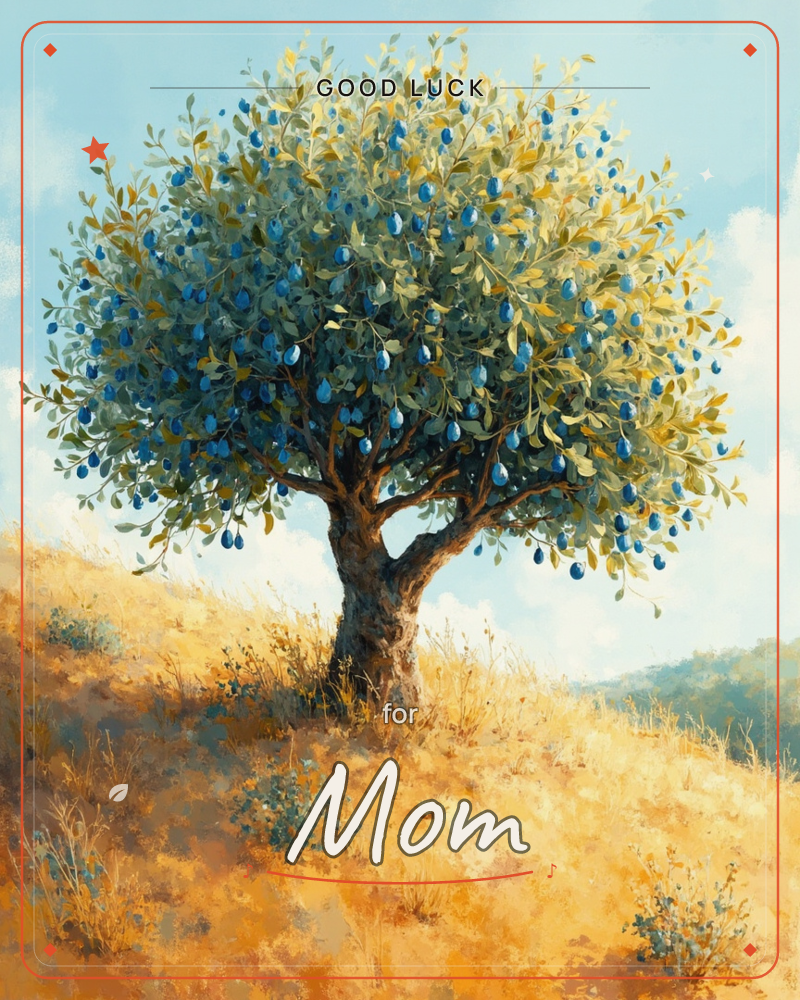 A single gnarled tree stands atop a golden, sun-baked hill, its rounded canopy heavy with clusters of small blue fruit, a good luck e-card design
