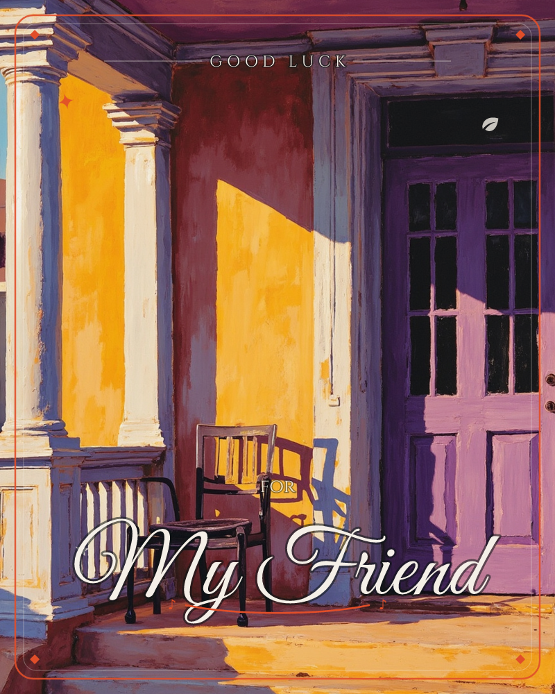 A sunlit porch glows in mustard yellow and deep purple, with white columns casting long shadows across the wall behind an empty wooden chair, a good luck e-card design