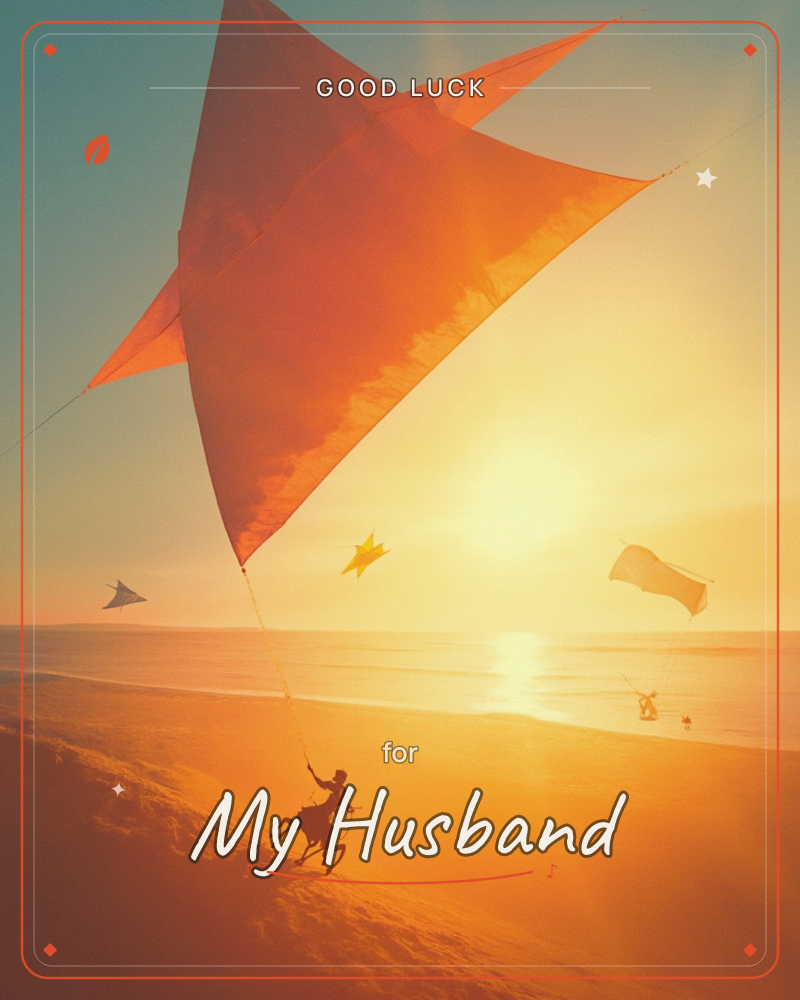 A wide orange kite dominates the sky above a beach at sunset, its string trailing down to a small silhouetted figure running along the dune with arm…, a good luck e-card design