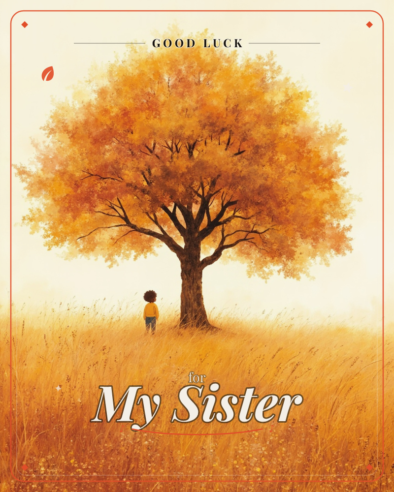 A single child in a yellow shirt stands at the base of a large tree with a golden-orange canopy, dwarfed beneath its spreading branches, a good luck e-card design