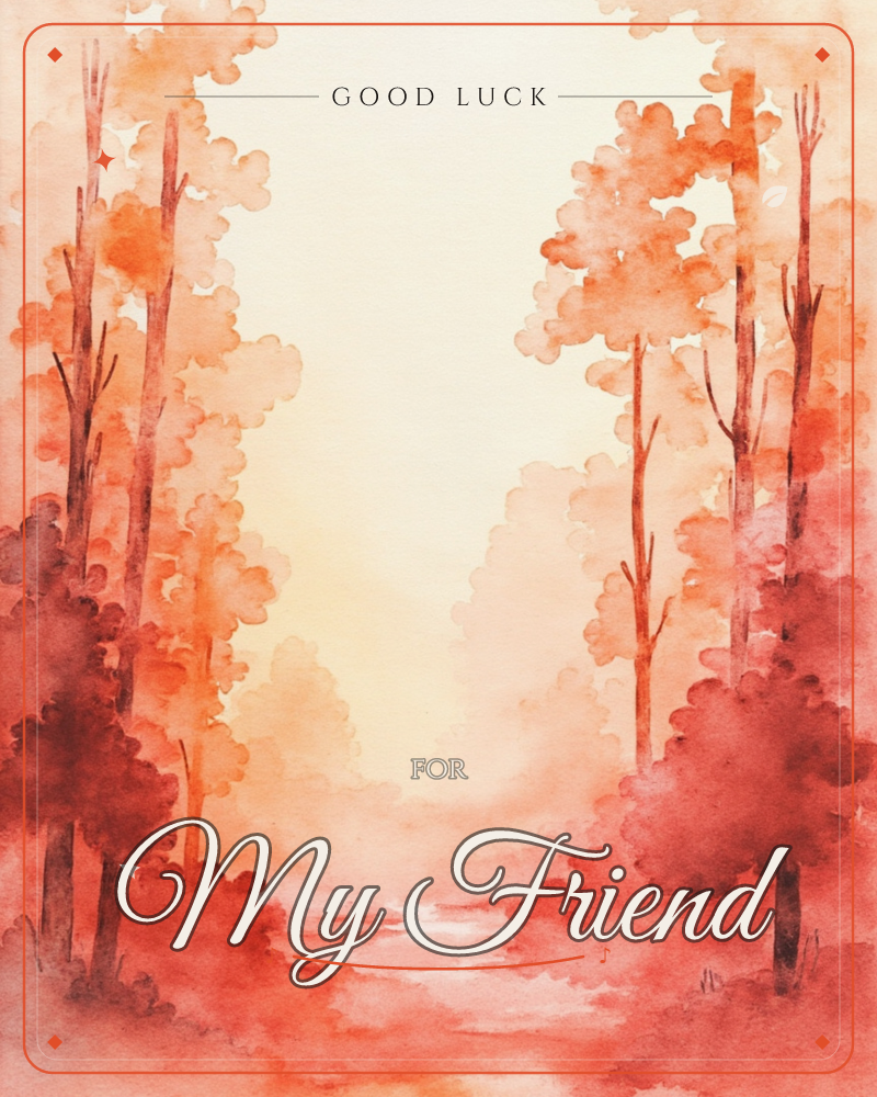 A watercolour forest path glows in warm autumn tones, with tall slender trees framing a hazy clearing bathed in soft golden light, a good luck e-card design