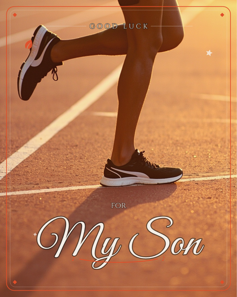 A close-up shot captures a runner's legs mid-stride on an outdoor athletics track, bathed in warm golden sunlight, a good luck e-card design