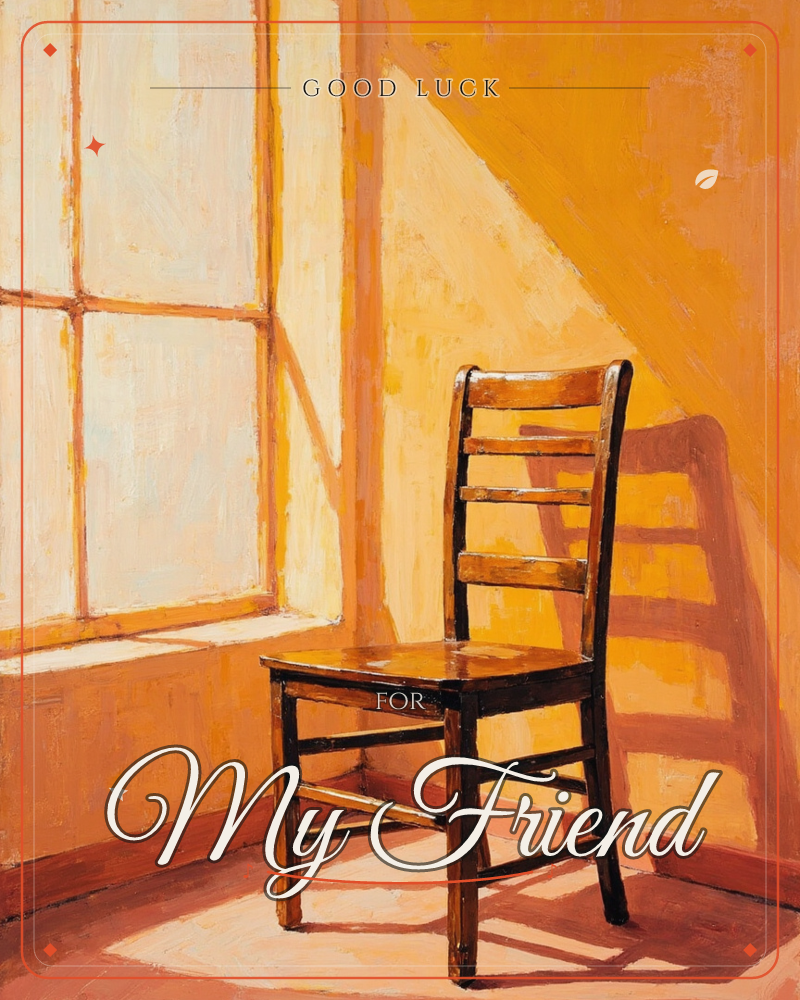 A wooden ladder-back chair sits alone in a sunlit corner, its long shadow stretching across a warm ochre wall, a good luck e-card design