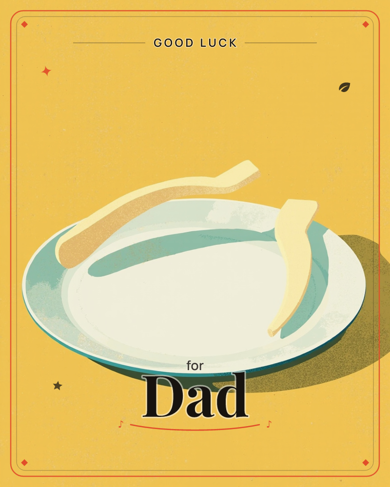 A single banana peel rests curled across a pale teal-and-white plate, set against a flat mustard-yellow background, a good luck e-card design