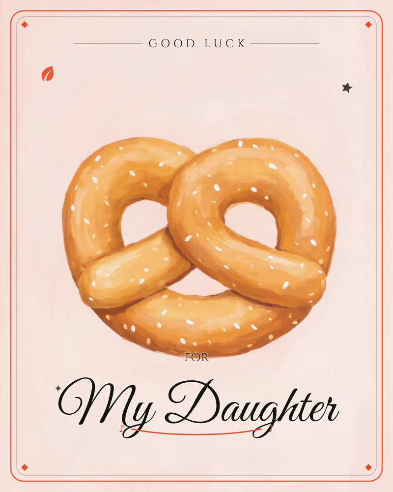 A single golden pretzel sits centered on a soft blush-pink background, its twisted knot rendered in warm caramel tones with scattered white salt crystals, a good luck e-card design