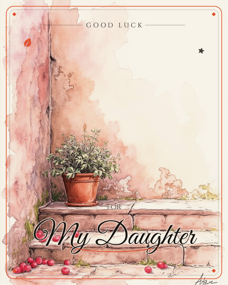 A weathered terracotta pot with a leafy green plant sits on stone steps against a sun-washed rosy wall, a good luck e-card design