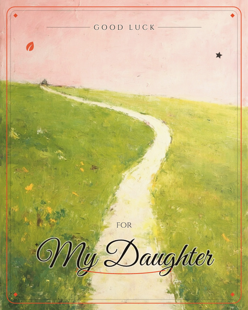 A pale sandy path winds through a green meadow toward a tiny distant house on the horizon, under a wide sky washed in soft pink, a good luck e-card design