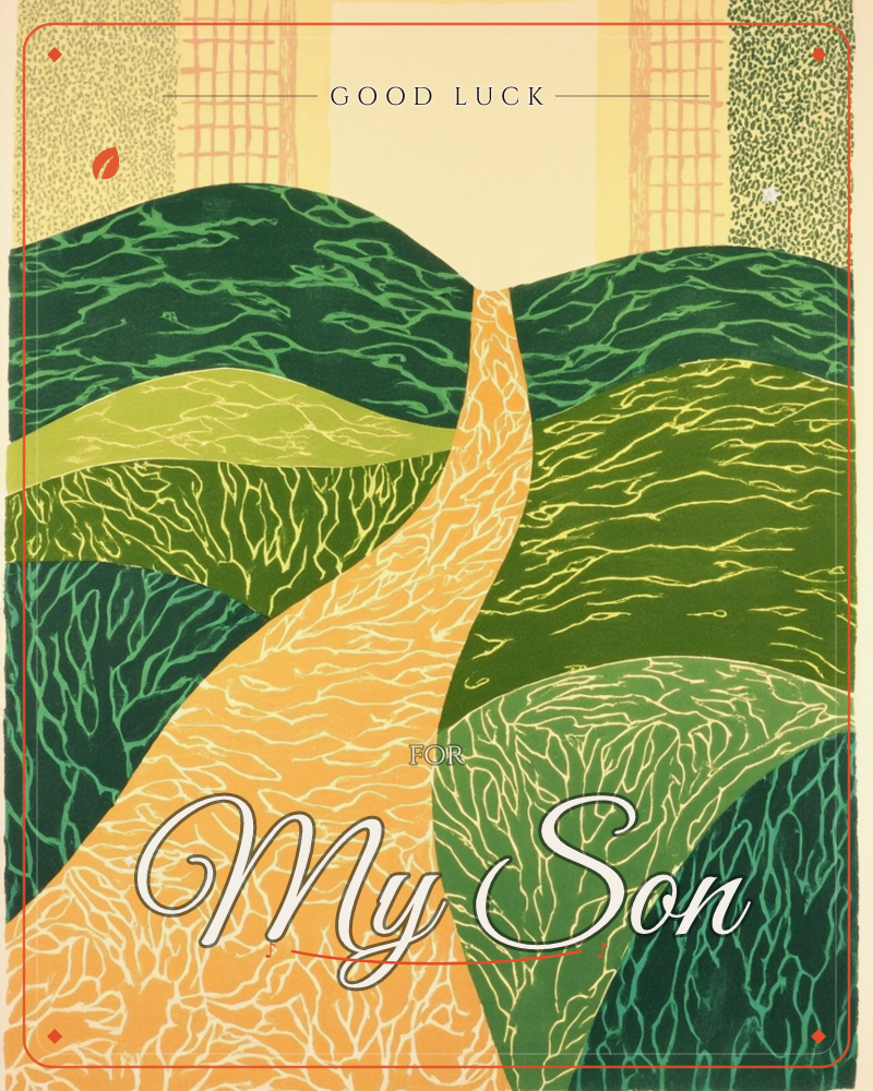 A sandy path winds up through a patchwork of rolling green hills toward a pale open sky, every surface textured with rippling linocut marks like wind…, a good luck e-card design