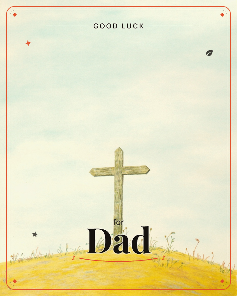 A weathered wooden cross stands atop a golden, sunlit hill, its grain rendered in soft pencil strokes against a pale blue-white sky, a good luck e-card design