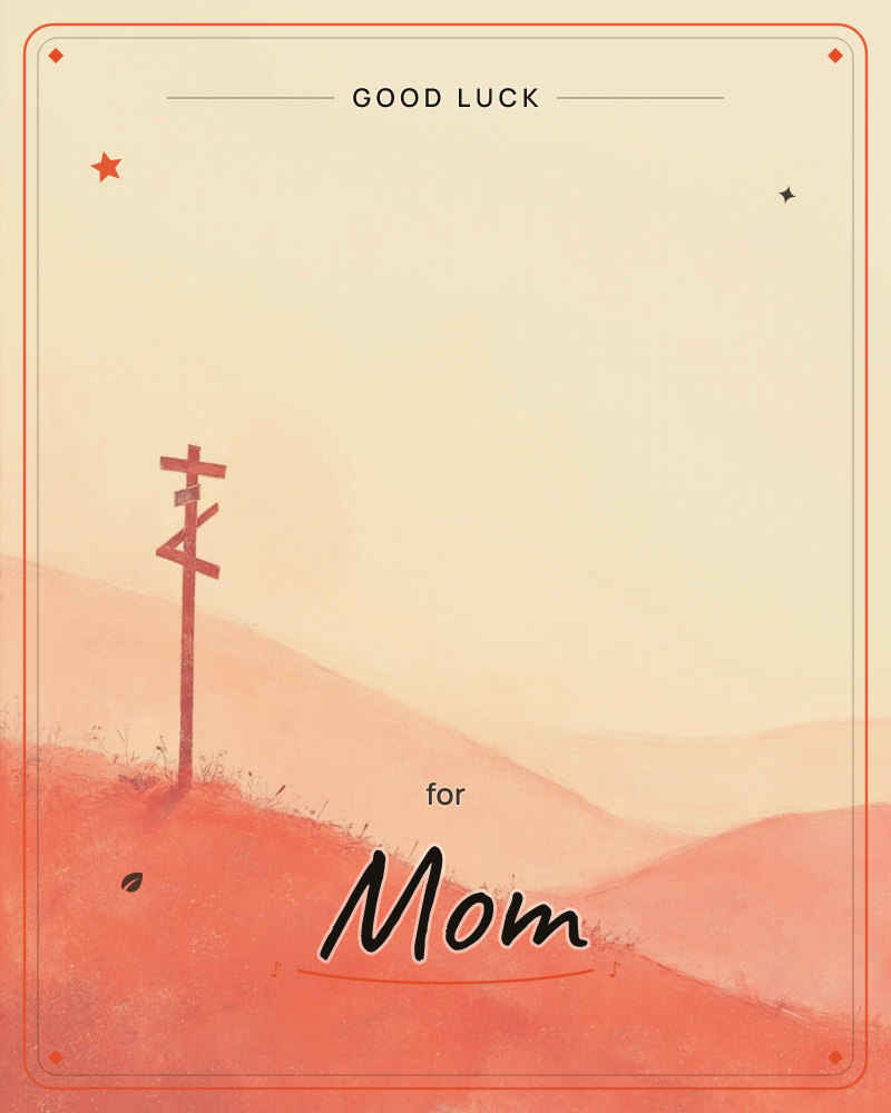 A lone wooden signpost with several blank directional arrows stands atop a rolling hill, silhouetted against a warm, hazy sky, a good luck e-card design