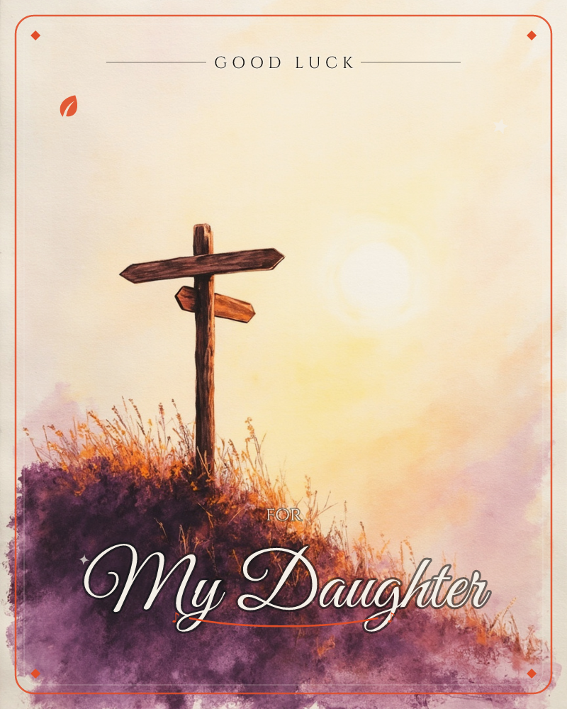 A wooden signpost with blank arrow markers stands atop a windswept hill, silhouetted against a glowing sun, a good luck e-card design