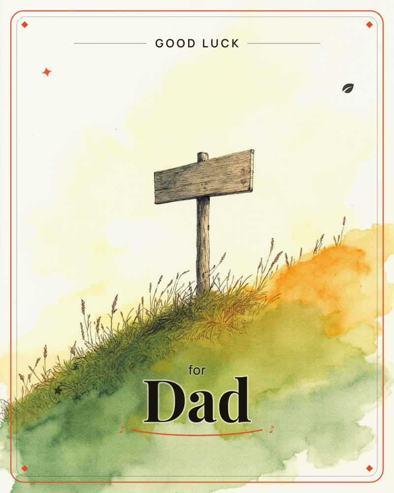 A blank wooden signpost stands atop a grassy hillock, its surface bare and waiting for a direction, a good luck e-card design