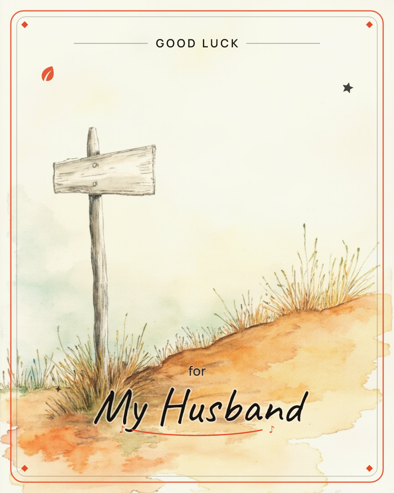 A weathered wooden signpost with a blank rectangular marker stands on a sandy, sun-baked hillside, its board left empty and unlabelled, a good luck e-card design