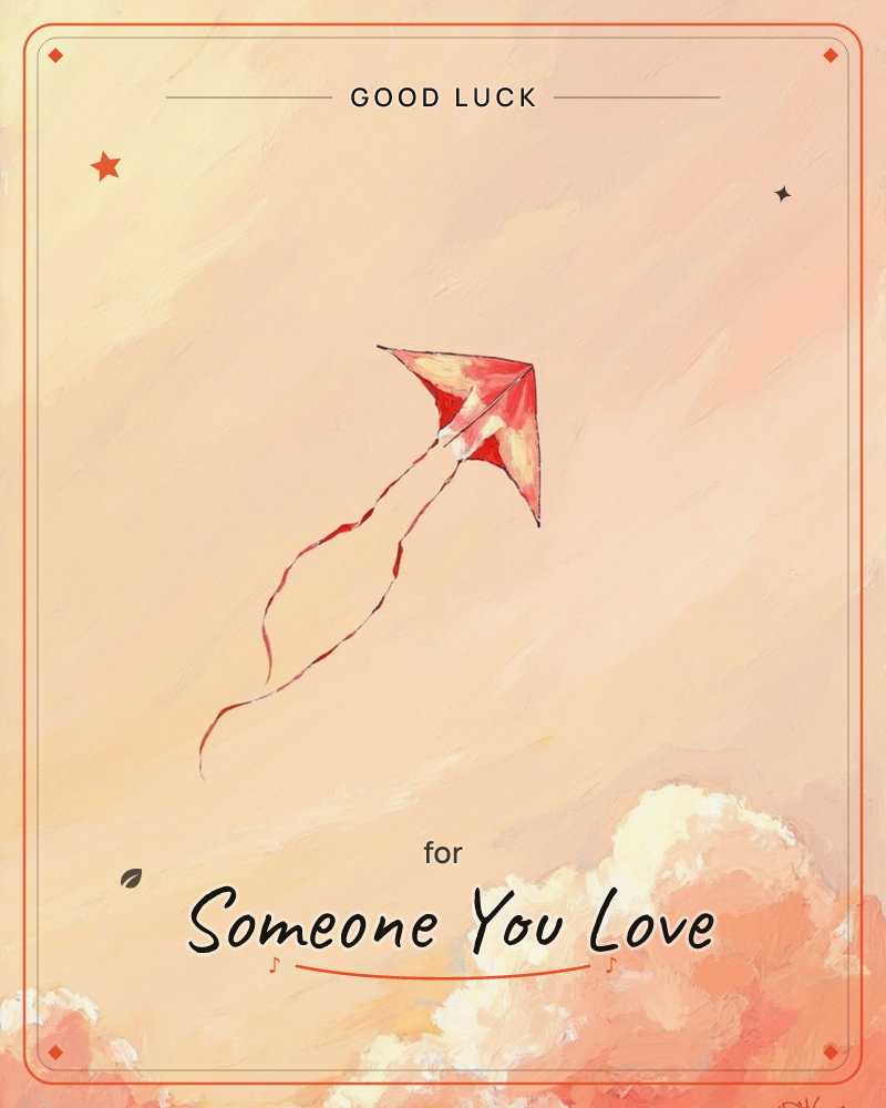 A single red kite soars against a warm peach-and-gold sky, its long ribboned tail curling below in loose loops, a good luck e-card design