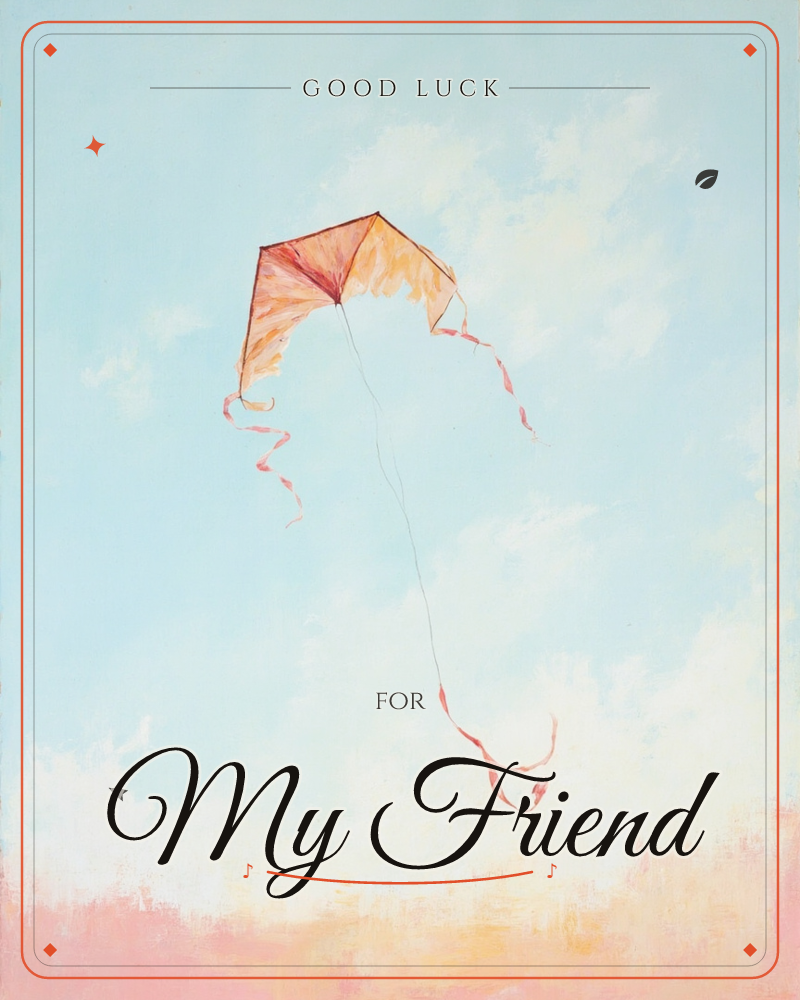 A single orange kite floats high in a soft blue sky, its long tail ribboning down in loose loops toward a pink and gold horizon, a good luck e-card design