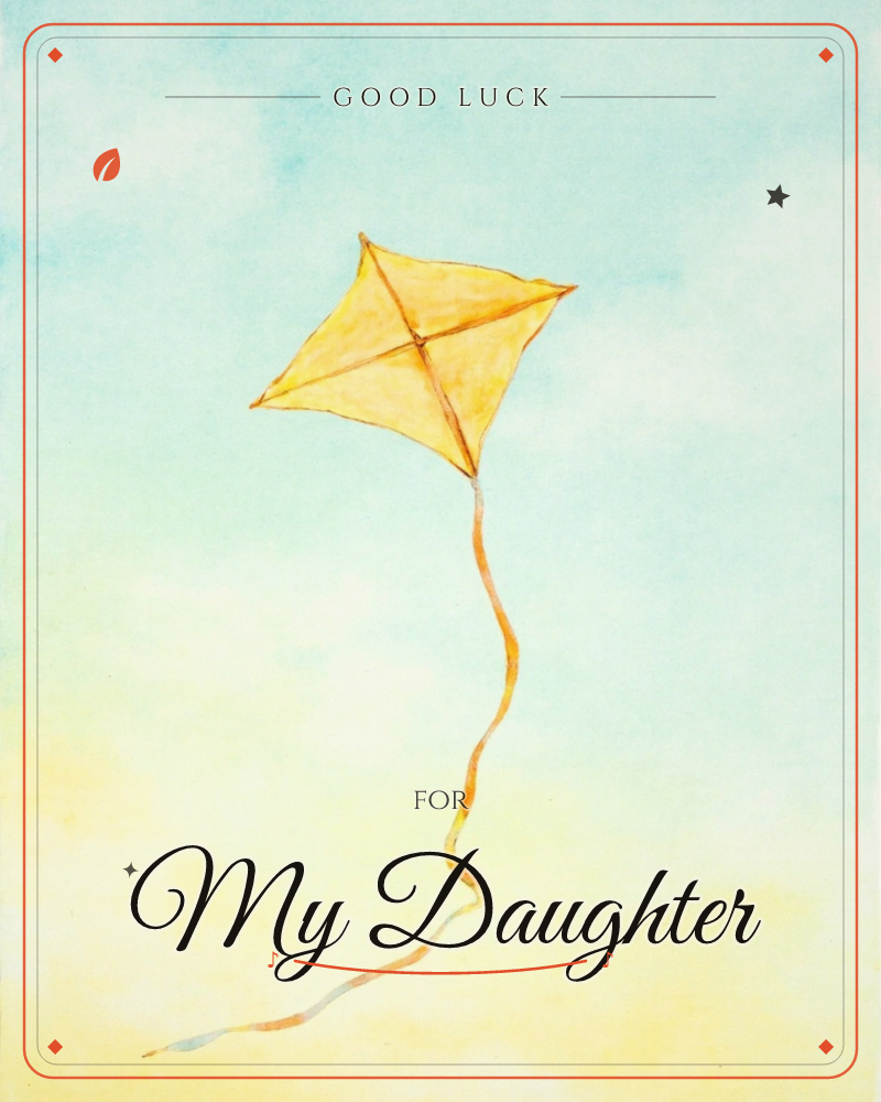 A single yellow diamond kite floats against a soft sky that fades from pale turquoise above to buttery yellow below, a good luck e-card design