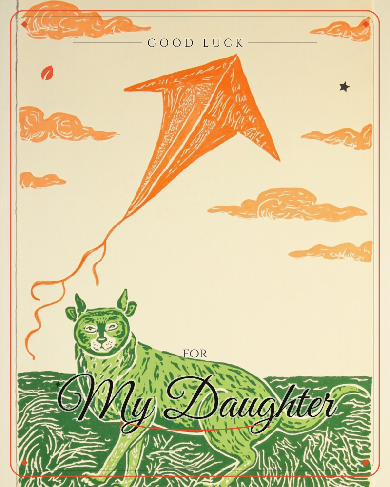 A stylised green cat prowls through a patch of scratchy grass beneath a cream sky dotted with orange clouds, an arrow-shaped orange kite tugging on its…, a good luck e-card design