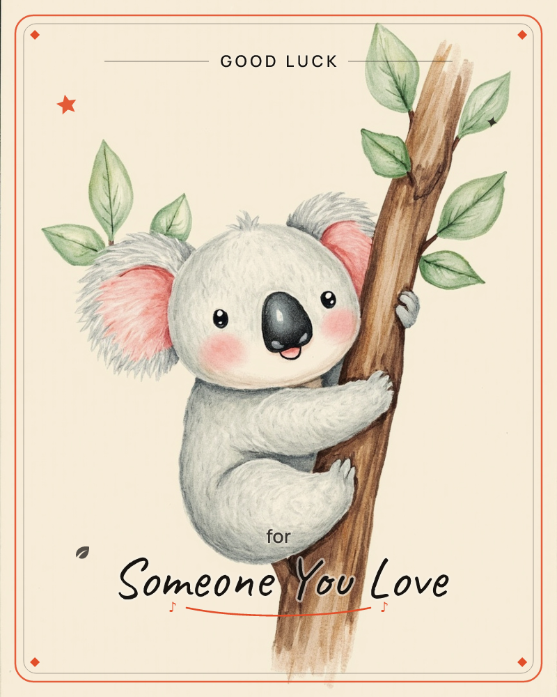 A round-faced koala with fluffy grey ears and rosy cheeks clings to a slender brown branch dotted with eucalyptus leaves, a good luck e-card design