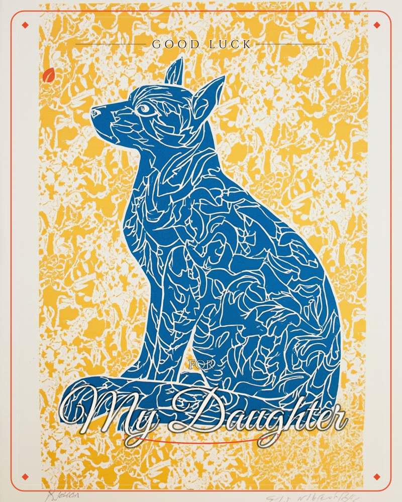 A bold blue fox or dog sits in profile against a busy mottled yellow background, its whole body carved with intricate leaf-like line patterns, a good luck e-card design