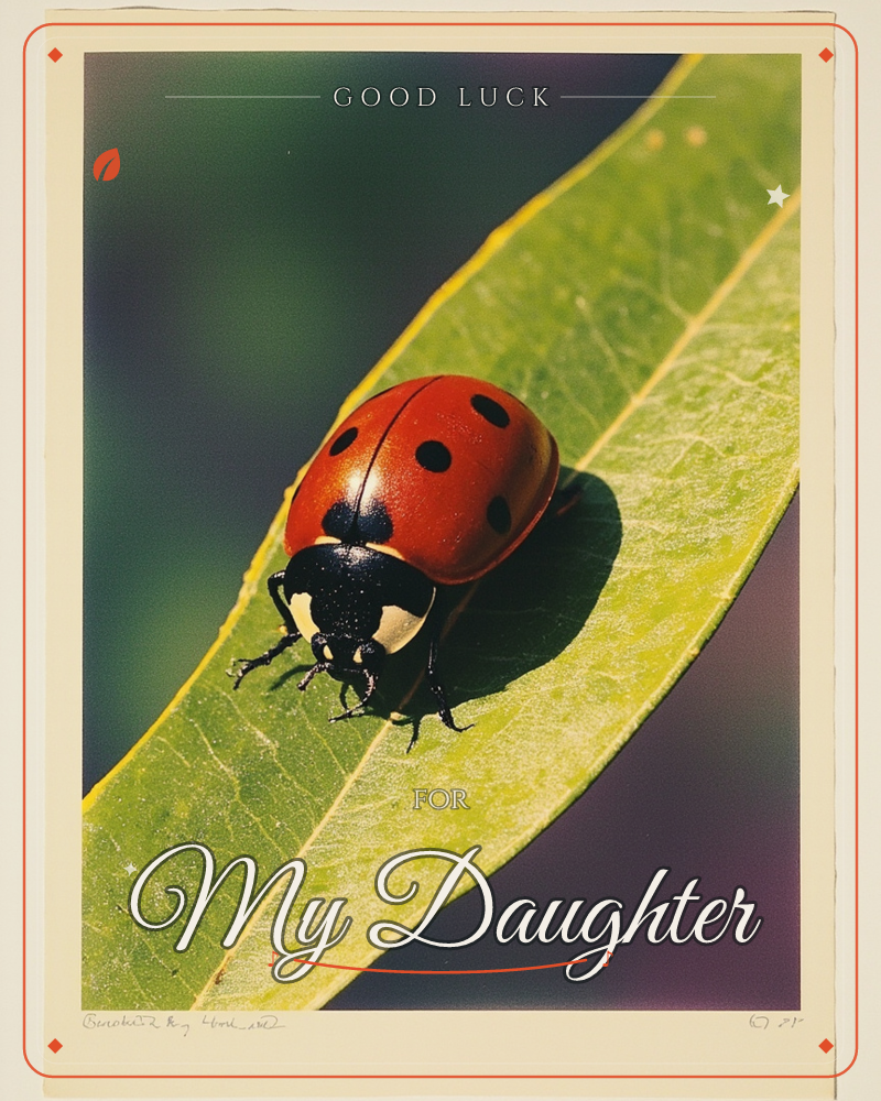 A close-up photograph of a red ladybird with black spots perched on a long green leaf, its shell catching bright sunlight against a soft, blurred dark…, a good luck e-card design