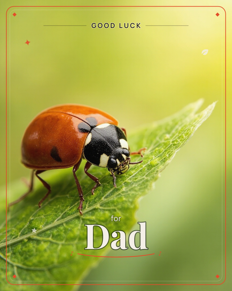 A close-up photograph of a ladybird perched on the serrated tip of a green leaf, its glossy red shell catching soft light, a good luck e-card design