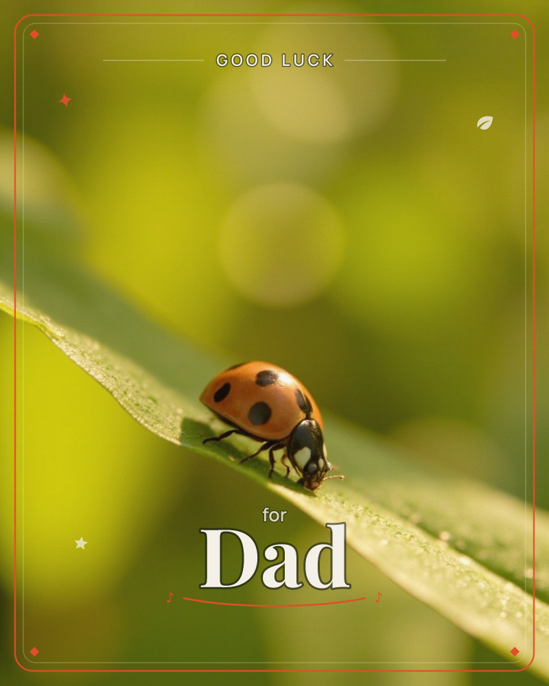 A close-up photograph shows a red-and-black spotted ladybird perched at the tip of a slender green leaf, its legs gripping the edge as if about to take…, a good luck e-card design