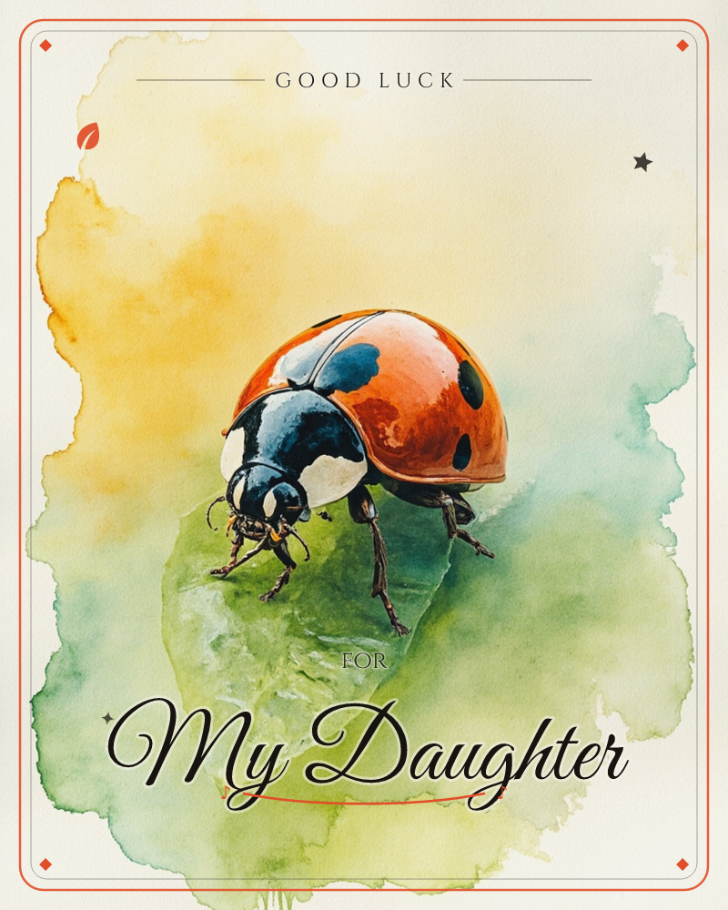 A single ladybird perches on the edge of a pale green leaf, its glossy red shell dotted with black and catching a soft highlight, a good luck e-card design