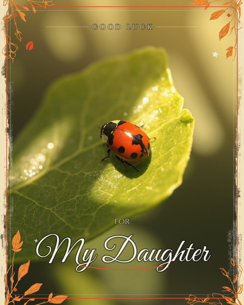 A close-up photograph shows a red spotted ladybird resting on a dew-flecked green leaf, backlit by warm golden sunshine, a good luck e-card design