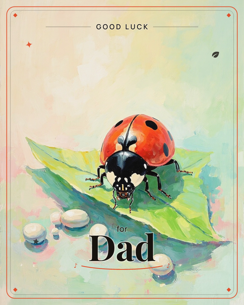 A red-and-black spotted ladybird perches at the tip of a bright green leaf, framed against a soft wash of pink, cream, and pale blue background, a good luck e-card design