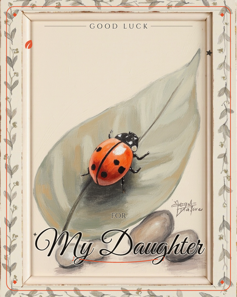 A single red ladybird with black spots rests on a soft sage-green leaf, its stem trailing down to a scatter of smooth pale pebbles below, a good luck e-card design