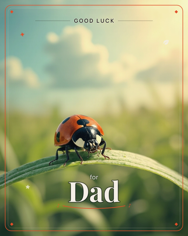 A red-and-black spotted ladybird perches at the curved tip of a long green blade of grass, set against a soft blur of sunlit meadow and a pale blue sky…, a good luck e-card design