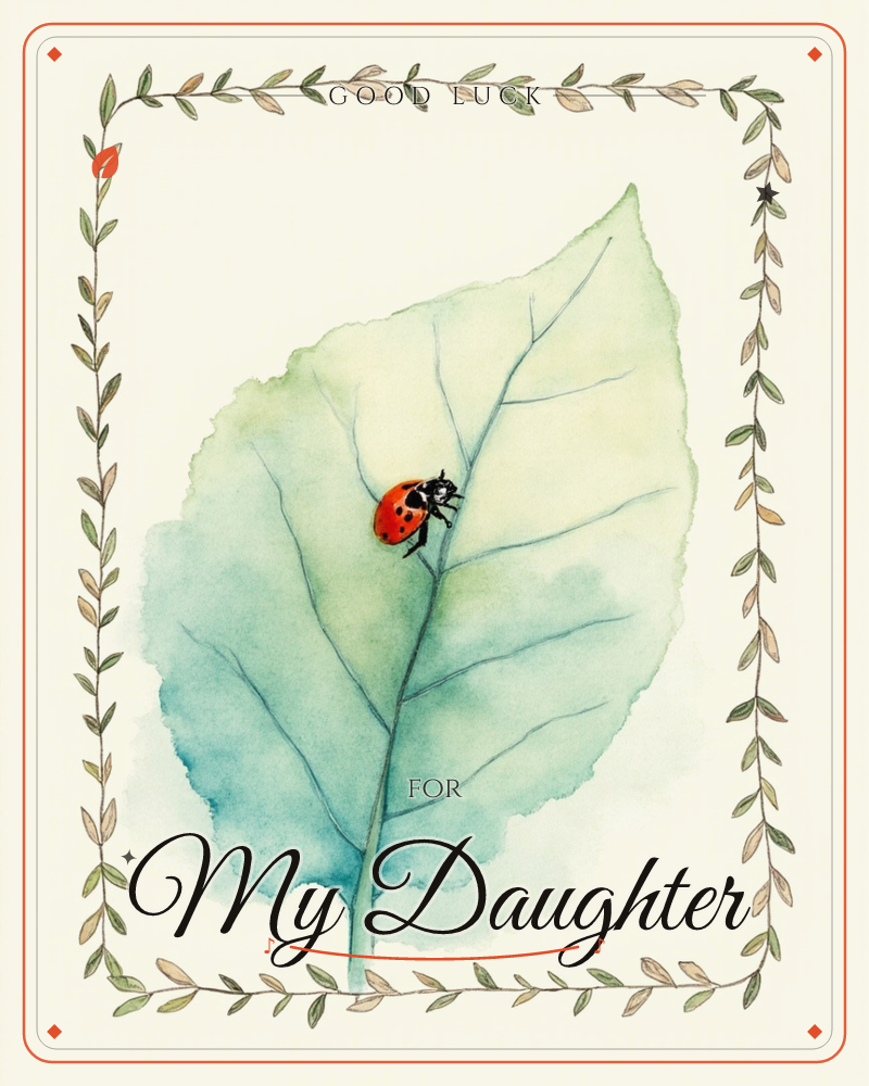 A single ladybird rests on the central vein of a large, softly washed watercolour leaf in blues and greens, a good luck e-card design
