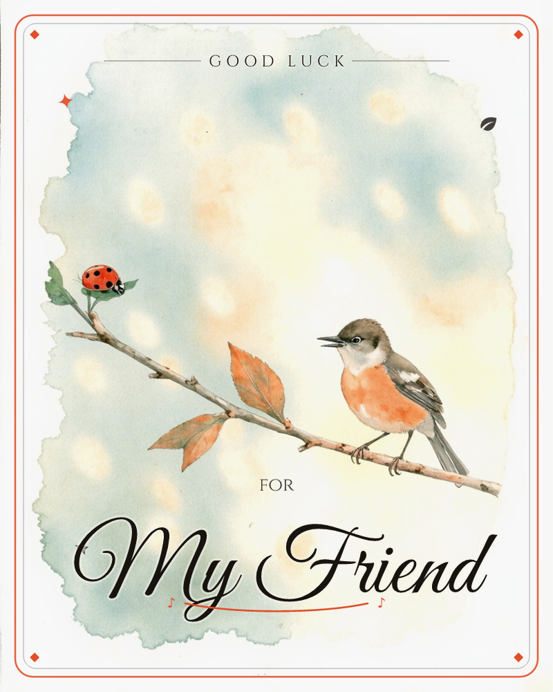 A small robin-breasted bird perches on a bare twig, beak open as if mid-song, while a ladybird rests calmly on a leaf just beside it, a good luck e-card design