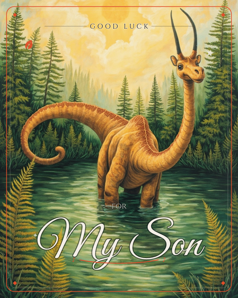 A long-necked dinosaur with curling antelope-like horns wades chest-deep through a still green lagoon, its curved neck rising toward a hazy golden sun, a good luck e-card design