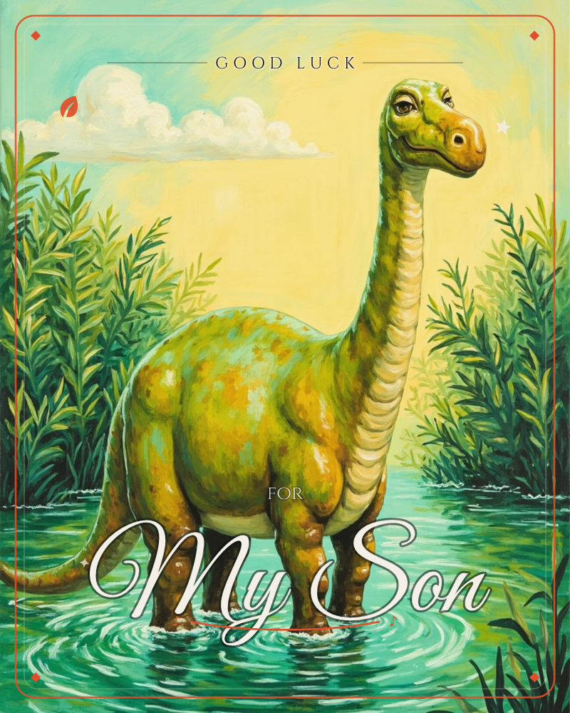 A long-necked green dinosaur stands knee-deep in a still lagoon, its head tilted upward with a gentle, almost smiling expression, a good luck e-card design