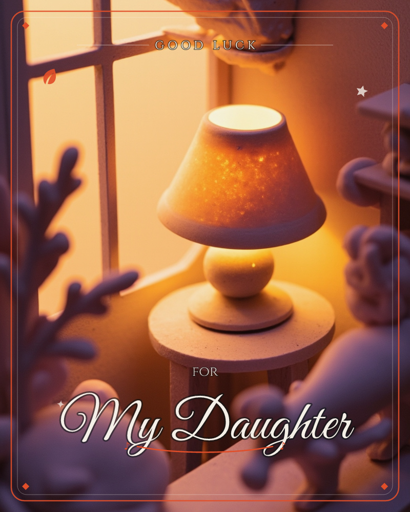 A miniature table lamp glows warmly on a small round side table, its shade speckled with a soft, glittery texture, a good luck e-card design
