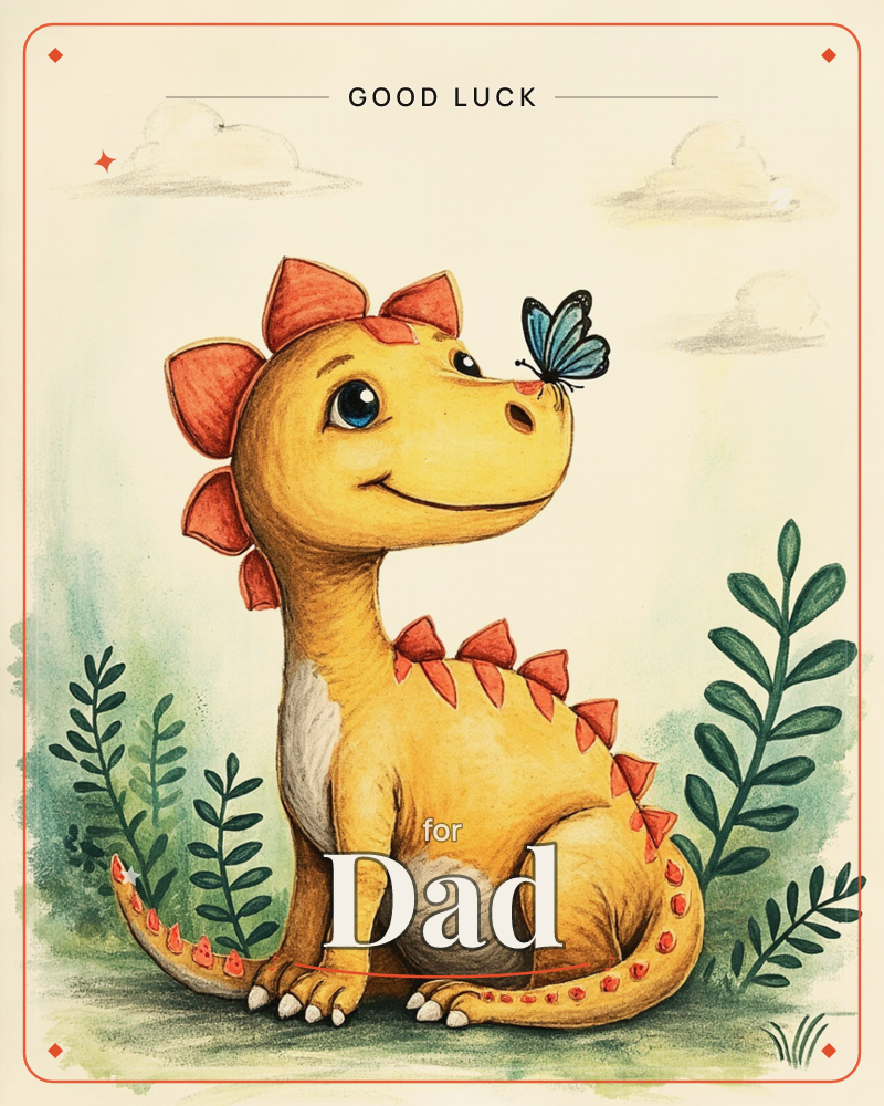 A cheerful yellow baby dinosaur sits among soft green leaves under a pale cream sky, smiling as a blue butterfly perches on the tip of its nose, a good luck e-card design
