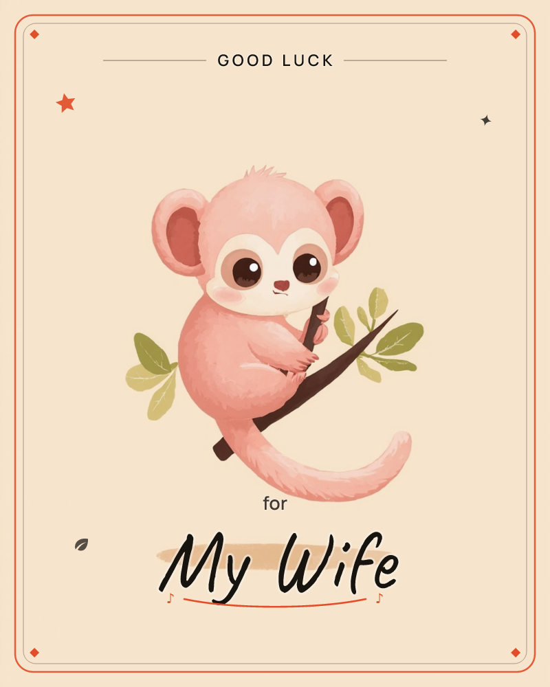 A small pink monkey with big round eyes and a long curling tail clings happily to a slender leafy branch, set against a soft peach background, a good luck e-card design