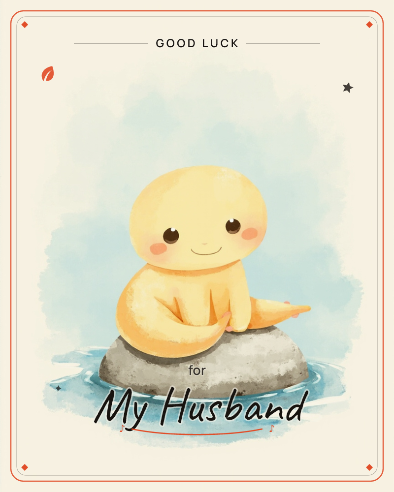 A small round yellow creature with rosy cheeks sits perched on a smooth grey stone in the middle of gentle blue water, its little limbs tucked…, a good luck e-card design