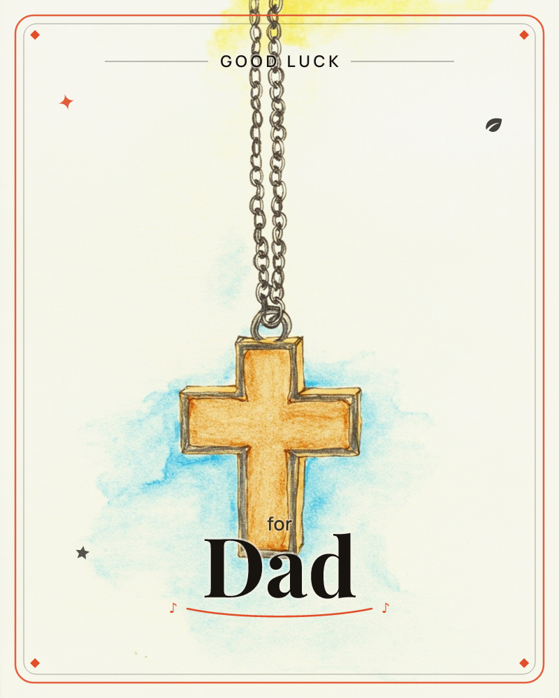A gold cross pendant hangs from a fine silver chain against a soft cream background, with a hazy blue wash glowing behind it and a streak of yellow…, a good luck e-card design