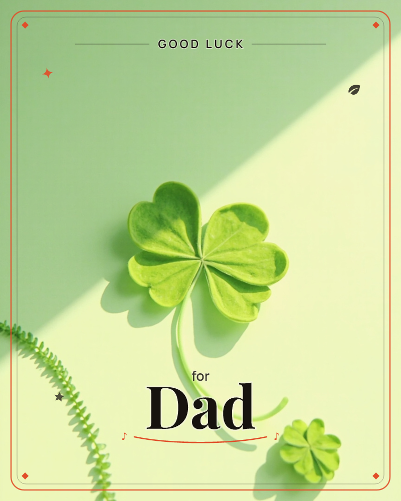 A single four-leaf clover lies flat against a two-tone green backdrop, its curling stem trailing beneath it, with a smaller clover and a feathery fern…, a good luck e-card design
