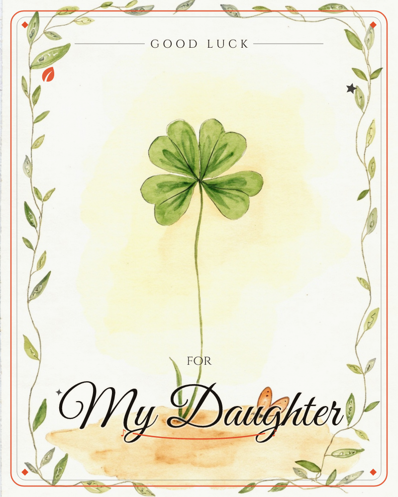 A single four-leaf clover rises on a slender stem from a small patch of golden earth, glowing against a soft yellow watercolour wash, a good luck e-card design