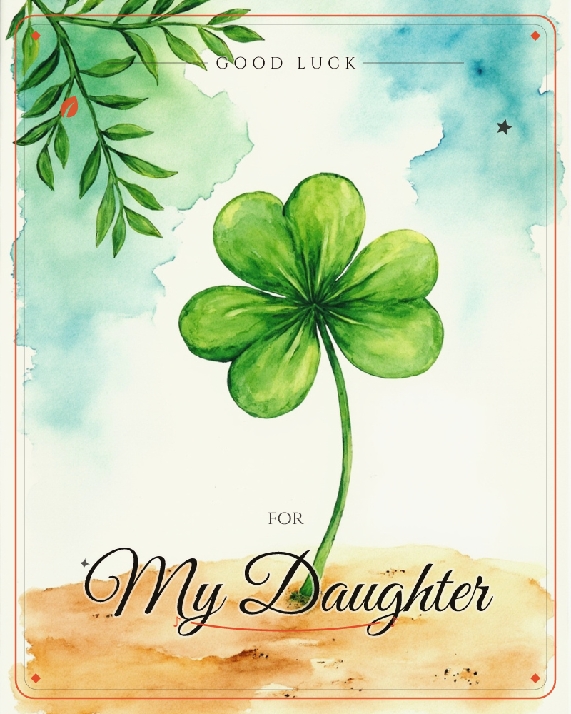 A single four-leaf clover rises from a patch of sandy earth, its four rounded leaves catching soft light against a hazy watercolour sky of teal and…, a good luck e-card design