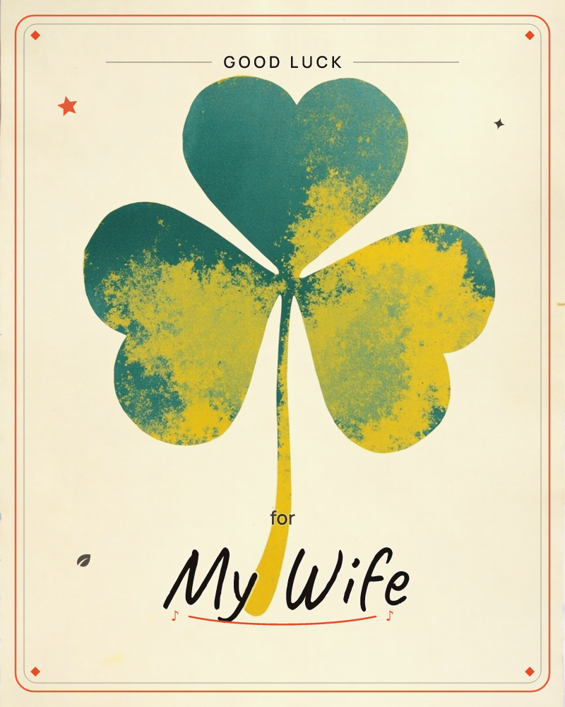 A single three-leaf clover fills the page, its heart-shaped leaves rendered in mottled teal and gold with a speckled, sponged texture, a good luck e-card design