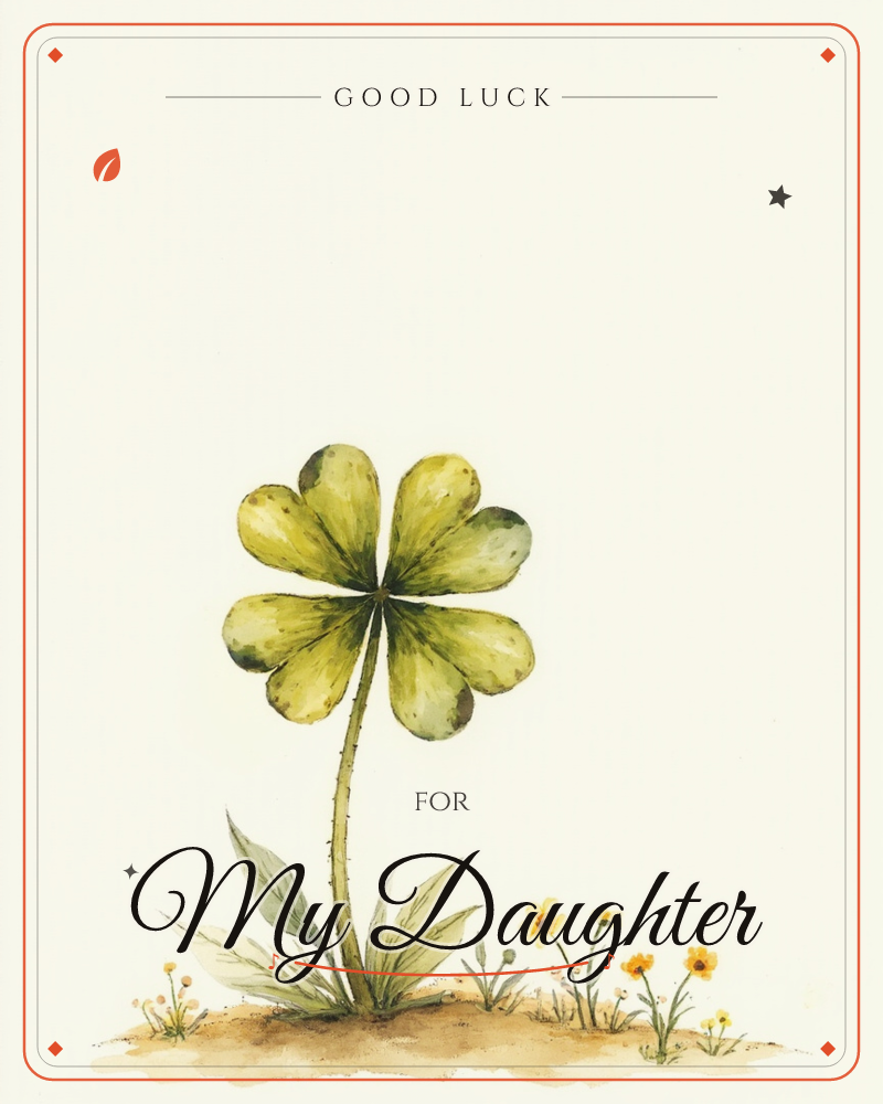 A single four-leaf clover rises tall on a slender stem above a small patch of bare earth, its rounded leaves painted in soft olive-gold with darker…, a good luck e-card design