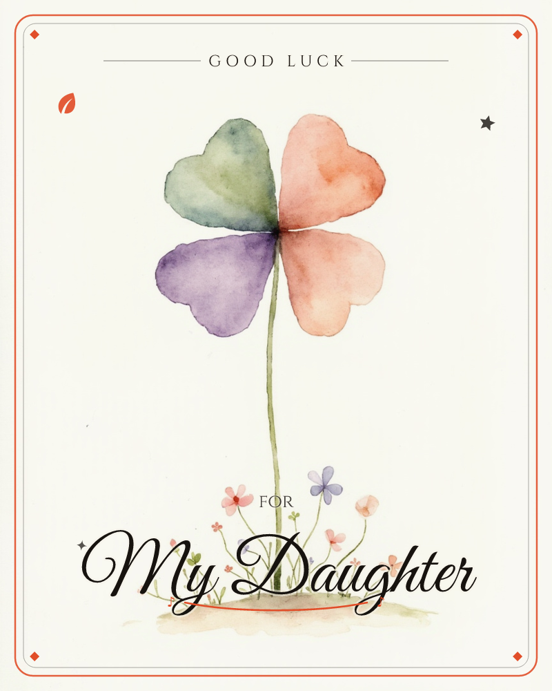 A single four-leaf clover towers over the page, its heart-shaped leaves painted in soft sage, coral, and lavender watercolour washes, a good luck e-card design